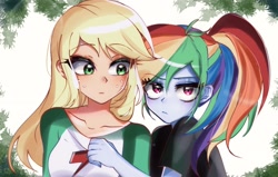 Size: 2250x1429 | Tagged: safe, artist:pulse, derpibooru import, applejack, rainbow dash, human, equestria girls, g4, appledash, clinging, duo, duo female, eyebrows, female, lesbian, multicolored hair, ponytail, rainbow hair, raised eyebrow, shipping