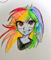 Size: 865x1024 | Tagged: safe, artist:pulse, derpibooru import, rainbow dash, human, equestria girls, g4, doodle, female, multicolored hair, rainbow hair, solo, thumbs up, traditional art