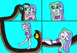 Size: 743x521 | Tagged: safe, artist:beecartoonist13, derpibooru import, princess celestia, human, snake, equestria girls, g4, bikini, blue sky, breasts, clothes, coils, duo, female, hypno eyes, hypnosis, hypnotized, kaa, kaa eyes, lipstick, looking at each other, looking at someone, male, princess breastia, sleeping, sleepwalking, swimsuit