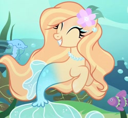 Size: 1319x1220 | Tagged: safe, artist:cstrawberrymilk, derpibooru import, oc, oc only, oc:aurora seashell, merpony, pony, seapony (g4), bubble, dorsal fin, eyes closed, female, fin, fish tail, flower, flower in hair, flowing mane, flowing tail, jewelry, mare, necklace, ocean, pearl necklace, seaweed, smiling, solo, swimming, tail, underwater, water