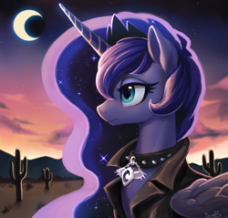 Size: 2400x2296 | Tagged: safe, artist:sunbusting, derpibooru import, princess luna, alicorn, pony, g4, bust, cactus, clothes, collar, crown, desert, ethereal mane, female, folded wings, jacket, jewelry, leather, leather jacket, lighting, mare, moon, night, outdoors, portrait, profile, regalia, shading, side view, solo, spiked collar, starry mane, sternocleidomastoid, sunset, wings