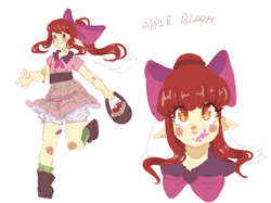 Size: 1066x797 | Tagged: safe, artist:gomikioo, derpibooru import, apple bloom, human, g4, alternate hairstyle, apple, apple bloom's bow, bandaid, basket, blushing, boots, bow, clothes, dress, elf ears, female, food, grin, hair bow, humanized, pony coloring, shoes, simple background, smiling, socks, solo, white background