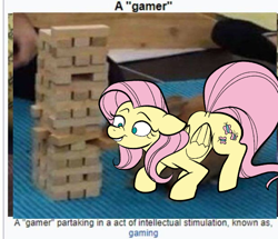 Size: 618x532 | Tagged: safe, artist:this_sl0th, derpibooru import, fluttershy, pegasus, pony, g4, ears, female, floppy ears, folded wings, full body, gamer, jenga, mare, meme, mouth hold, ponified animal photo, solo, wings