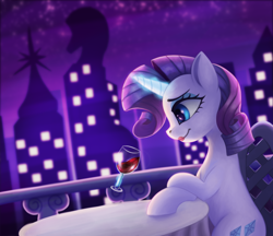 Size: 1082x936 | Tagged: safe, artist:blankedsoul, derpibooru import, rarity, pony, unicorn, g4, city, cityscape, female, glass, horn, lipstick, magic, magic aura, manehattan, mare, sitting, solo, stars, table, wine glass