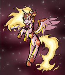 Size: 1423x1625 | Tagged: safe, artist:lemomew, derpibooru import, daybreaker, alicorn, pony, g4, belly, cute, diabreaker, evil, female, fire, mare, round belly, sky, solo, stars