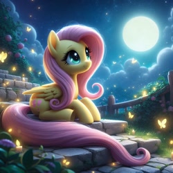 Size: 1024x1024 | Tagged: safe, ai content, derpibooru exclusive, derpibooru import, generator:bing image creator, generator:dall-e 3, machine learning generated, fluttershy, pony, g4, cloud, cute, female, folded wings, full moon, grass, mare, moon, night, outdoors, prompter:nightofcore, shyabetes, solo, stairs, stars, wings