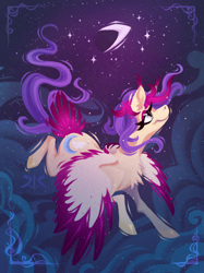 Size: 850x1134 | Tagged: safe, artist:absolutecreaturevibes, derpibooru import, oc, oc only, oc:white cloud, pegasus, pony, colored wings, colored wingtips, flying, lineless, moon, night, solo, tail, tail feathers, wings