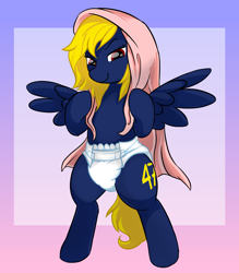 Size: 3500x4000 | Tagged: safe, artist:onc3l3rphobix, derpibooru import, oc, oc only, oc:naveen numbers, pegasus, pony, bipedal, blanket, diaper, diaper fetish, female, fetish, gradient background, mare, non-baby in diaper, smiling, solo, spread wings, wings