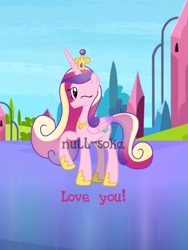 Size: 2598x3464 | Tagged: safe, artist:null-soka, derpibooru import, princess cadance, alicorn, pony, g4, crown, crystal, crystal empire, female, hoof shoes, jewelry, mare, one eye closed, peytral, princess shoes, regalia, slender, solo, thin, wink