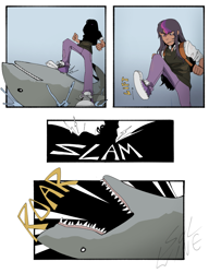 Size: 985x1280 | Tagged: source needed, safe, artist:winekqknw, derpibooru import, twilight sparkle, human, shark, g4, angry, clothes, comic, dark skin, female, fight, fist, humanized, pain, roar, shoes, stomp