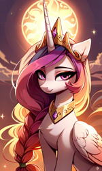 Size: 576x960 | Tagged: safe, ai content, derpibooru import, machine learning generated, princess celestia, alicorn, pony, chest fluff, female, looking at you, mare, prompter needed, sitting, smiling, smiling at you, solo