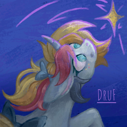 Size: 1080x1080 | Tagged: safe, artist:druf, derpibooru import, oc, oc only, pony, unicorn, blue eyes, blue mane, blue skin, blue sky, commissions open, digital art, freckles, gift art, horn, looking up, photoshop, pink hair, raised hoof, raised leg, red hair, ribbon, signature, sketch, solo, stars, yellow mane