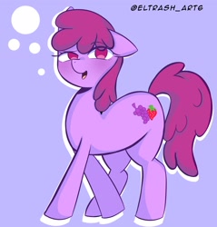 Size: 1958x2048 | Tagged: safe, artist:eltrash_art6, derpibooru import, berry punch, berryshine, earth pony, pony, g4, blushing, female, mare, open mouth, purple background, simple background, solo