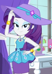 Size: 873x1242 | Tagged: safe, derpibooru import, screencap, rarity, human, better together, camping must-haves, equestria girls, g4, cropped, female, geode of shielding, hat, magical geodes, rarity peplum dress, solo