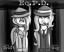 Size: 1280x1047 | Tagged: safe, artist:penguinpotential, derpibooru import, oc, oc:frigid drift, pony, ask frigid drift, cigar, duo, flutterguy, gun, handgun, hat, monochrome, mouth hold, revolver, weapon