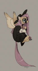 Size: 665x1240 | Tagged: safe, artist:spooktoons, derpibooru import, angel bunny, fluttershy, pegasus, pony, rabbit, g4, animal, clothes, colored hooves, duo, female, glasses, goth, hat, holding, hooves, looking at you, nose piercing, nose ring, piercing, round glasses