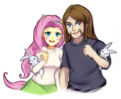 Size: 1350x1100 | Tagged: safe, artist:keterok, derpibooru import, angel bunny, fluttershy, human, rabbit, equestria girls, g4, animal, crossover, duo, facial hair, female, holding, male, metalocalypse, moustache, open mouth, simple background, smiling, toki wartooth, white background, x eyes