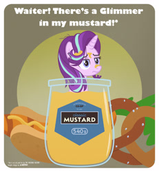 Size: 4500x4875 | Tagged: safe, artist:a4r91n, derpibooru import, starlight glimmer, unicorn, g4, carrot, carrot dog, food, horn, messy mane, mustard, pretzel, sauce, solo, wat