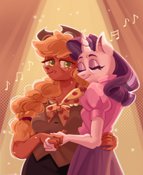 Size: 1674x2048 | Tagged: safe, artist:irisikiki, derpibooru import, applejack, rarity, anthro, earth pony, unicorn, g4, arm around back, duo, duo female, eyes closed, female, holding hands, horn, lesbian, mare, music notes, older, older applejack, older rarity, rarijack, redraw, shipping, spotlight