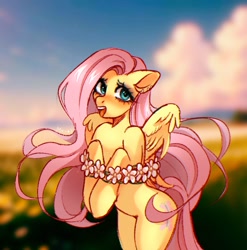 Size: 1266x1280 | Tagged: safe, artist:mi_art, derpibooru import, fluttershy, pegasus, pony, semi-anthro, g4, bipedal, blushing, ear piercing, female, flower, mare, open mouth, piercing, solo