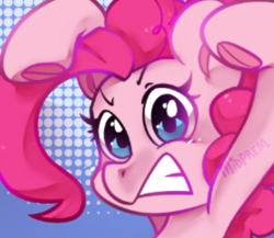 Size: 416x361 | Tagged: safe, artist:midnightpremiere, derpibooru import, pinkie pie, earth pony, pony, bridle gossip, g4, bust, evil enchantress, female, frog (hoof), gritted teeth, looking at you, mare, solo, teeth, underhoof