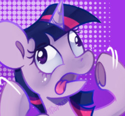 Size: 399x372 | Tagged: safe, artist:midnightpremiere, derpibooru import, twilight sparkle, unicorn twilight, pony, unicorn, a canterlot wedding, g4, bust, derp, faic, female, frog (hoof), mare, open mouth, solo, tongue, tongue out, underhoof