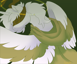 Size: 2400x2000 | Tagged: safe, artist:bishopony, derpibooru import, oc, oc only, oc:lane, alicorn, pony, 2022, alicorn oc, artfight, blindfold, clothes, colored wings, colored wingtips, frown, gift art, green background, halo, high res, horn, long horn, old art, one wing out, robe, signature, simple background, solo, three toned wings, white coat, white mane, white wingtips, wings