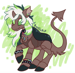 Size: 1772x1724 | Tagged: safe, artist:bishopony, derpibooru import, oc, oc only, oc:caterpillar, changedling, changeling, 2022, abstract background, artfight, black hooves, bracelet, brown tail, carapace, changedling oc, changeling oc, choker, colored hooves, colored pinnae, colored sclera, coontails, curved horn, dyed mane, ear piercing, earring, female, gift art, green eyes, green sclera, hooves, horn, jewelry, kandi, lip piercing, long mane, long tail, multicolored mane, necklace, old art, piercing, raised hoof, raised leg, signature, small horn, smiling, snake bites, solo, spiked choker, spiky tail, standing, tail, three toned mane, two toned background, white mane