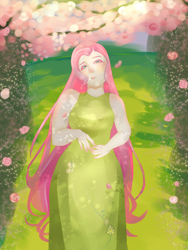 Size: 1536x2048 | Tagged: safe, artist:ishopisho, derpibooru import, fluttershy, human, g4, clothes, dress, female, flower, humanized, looking up, solo