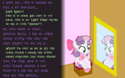 Size: 2399x1494 | Tagged: safe, artist:snowflakepone, derpibooru import, sweetie belle, pony, unicorn, g4, abdl, annoyed, bib, blushing, bow, chair, crossed legs, curly hair, curly mane, curly tail, diaper, female, filly, foal, fussing, hair bow, horn, implied rarity, mirror, mittens, non-baby in diaper, offscreen character, pink bow, pink diaper, reflection, sitting, tail, text, wavy mouth