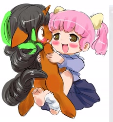 Size: 1941x2089 | Tagged: safe, artist:darkstylerz, derpibooru import, oc, oc only, oc:darkstyle, human, pony, unicorn, blushing, butt, chibi, colored, cute, duo, featureless crotch, horn, hug, human and pony, plot, shapeshifting