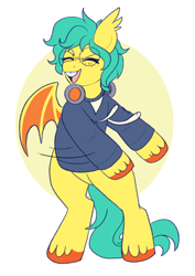 Size: 700x987 | Tagged: safe, artist:lulubell, derpibooru import, oc, oc only, oc:squish, bat pony, pony, bipedal, bucktooth, clothes, eyes closed, flossing (dance), glasses, headphones, hoodie, male, motion lines, open mouth, open smile, smiling, solo, stallion