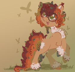 Size: 2182x2094 | Tagged: safe, artist:bishopony, derpibooru import, oc, oc only, oc:woodrow, butterfly, earth pony, pony, 2023, abstract background, artfight, blank flank, blush scribble, blushing, braid, brown coat, brown pupils, butt fluff, cheek fluff, chest fluff, coat markings, colored chest fluff, colored ear tufts, colored eartips, colored fetlocks, colored pinnae, colored pupils, curly hair, curly mane, curly tail, ear fluff, ear tufts, ears, earth pony oc, fangs, fluffy, gift art, glasses, gradient background, grass, green eyes, high res, hock fluff, leg fluff, long tail, looking at something, nonbinary oc, old art, open mouth, open smile, outdoors, ponysona, rearing, round glasses, short mane, smiling, solo, tail, unshorn fetlocks, wall of tags