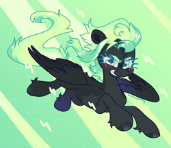 Size: 2300x2000 | Tagged: safe, artist:bishopony, derpibooru import, oc, oc only, oc:static sparks, pegasus, pony, abstract background, artfight, bald face, big hooves, black coat, black hooves, black wingtips, blaze (coat marking), blushing, coat markings, colored eyebrows, colored hooves, colored pinnae, colored pupils, colored wings, colored wingtips, dark coat, facial markings, fetlock tuft, flying, gift art, green eyes, green mane, green tail, halftone, high res, hooves, long mane, long tail, mint eyes, mint mane, mint tail, narrowed eyes, partially open wings, pegasus oc, screentone, sharp teeth, shiny eyebrows, shiny eyelashes, shiny hooves, signature, slender, solo, spiky mane, tail, teal eyelashes, teal pupils, teeth, thin, thin legs, three toned mane, three toned tail, two toned coat, two toned wings, wings, wonderbolt oc