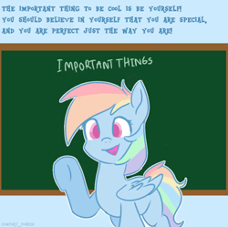 Size: 854x852 | Tagged: safe, artist:comfort_ponies, artist:skylinepony_, derpibooru import, rainbow dash, pegasus, pony, g4, chalkboard, cliche, cute, female, looking at you, positive ponies, smiling, smiling at you, solo, text, wings