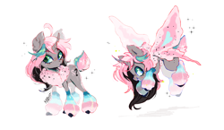 Size: 2965x1718 | Tagged: safe, artist:kraytt-05, derpibooru import, oc, oc only, oc:cotton foam, changepony, hybrid, butterfly wings, curved horn, female, flying, grin, high res, horn, interspecies offspring, magical lesbian spawn, mare, offspring, open mouth, parent:oc:fluffle puff, parent:queen chrysalis, parents:canon x oc, parents:chrysipuff, simple background, smiling, solo, white background, wings