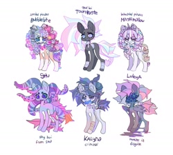 Size: 2016x1818 | Tagged: safe, artist:cutesykill, derpibooru import, oc, oc only, oc:bubblebite, oc:kalyna, oc:luleya, oc:princess marshmallow, oc:shokoshu, oc:toothpaste (cutesykill), alicorn, goo, monster pony, sea pony, undead, unicorn, alicorn oc, bald face, bandage, bandaged body, bandaged leg, bandaged neck, bangs, beanbrows, beauty mark, big bow, big ears, big eyes, big mane, big tail, blank flank, blaze (coat marking), blood, bloody knife, blue eyes, blue sclera, blue teeth, bow, coat markings, colored belly, colored eyebrows, colored eyelashes, colored fetlocks, colored horn, colored pinnae, colored pupils, colored sclera, colored teeth, concave belly, crown, decapitated, decora, detached head, ear piercing, earring, ears, eyebrows, eyes do not belong there, facial markings, fin fetlocks, fins, fish tail, floating head, flower, flower in hair, flower in tail, flowing mane, flowing tail, folded wings, freckles, frown, gray coat, hair accessory, hair bow, hair bun, hairclip, horn, jewelry, knife, lidded eyes, long legs, long mane, long mane male, long tail, looking away, male, mane accessory, mare oc, mouth hold, multicolored mane, multicolored tail, multiple eyes, narrowed eyes, neck bow, orange coat, pale belly, partially open wings, piercing, pigtails, pink bow, pink eyes, pink mane, pink tail, plushie, purple bow, purple coat, purple eyelashes, purple eyes, purple pupils, purple teeth, reference sheet, regalia, ringlets, sharp teeth, simple background, slender, slit eyes, small horn, smiling, socks (coat marking), spiky mane, spiky tail, stallion, stallion oc, standing, striped, striped coat, striped mane, striped tail, stripes, tail, tail bow, tail clip, tail fin, tall ears, teeth, tentacle hair, tentacle mane, text, thick eyelashes, thin, thin legs, three toned mane, three toned tail, tiara, twintails, two toned eyes, two toned mane, two toned tail, unicorn horn, unicorn oc, unusual pupils, white background, white coat, wings