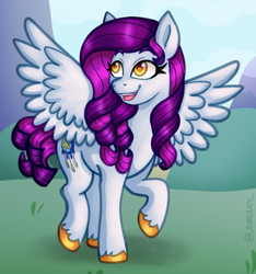 Size: 1218x1300 | Tagged: oc name needed, safe, artist:_rarerayy_, derpibooru import, oc, oc only, pegasus, pony, g4, colored hooves, digital art, female, gold hooves, golden eyes, head turn, hooves, mare, open mouth, open smile, raised hoof, raised leg, smiling, solo, spread wings, unshorn fetlocks, wings