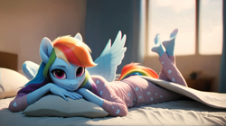 Size: 3480x1952 | Tagged: safe, ai content, derpibooru import, generator:pony diffusion v6 xl, generator:stable diffusion, machine learning generated, anthro, pegasus, plantigrade anthro, g4, bed, bedroom, clothes, feet, female, indoors, looking at you, lying down, lying on bed, mare, on bed, pajamas, pillow, prompter:nonezid, prone, smiling, smiling at you, solo, spread wings, the pose, window, wings