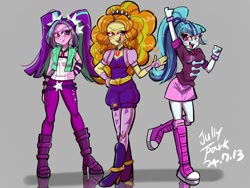 Size: 1024x768 | Tagged: safe, artist:jully-park, derpibooru import, adagio dazzle, aria blaze, sonata dusk, human, equestria girls, g4, boots, bracelet, clothes, female, gem, gray background, high heels, jewelry, looking at you, one eye closed, open mouth, open smile, pigtails, ponytail, shoes, simple background, siren gem, skirt, smiling, smiling at you, smirk, the dazzlings, trio, trio female, twintails