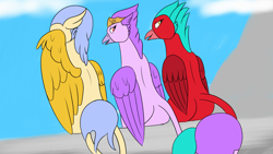 Size: 1920x1080 | Tagged: safe, artist:silverfan, derpibooru import, oc, oc only, griffon, behaving like a bird, butt, female, grooming, line-up, looking back, plot, plotline, preening, sitting, trio, wings