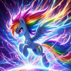 Size: 1024x1024 | Tagged: safe, ai content, derpibooru import, generator:dall-e 3, machine learning generated, rainbow dash, pegasus, pony, g4, abstract background, badass, colorful, energy, female, feminism, flying, lightning, mare, prompter:doomguy397, rainbow, solo, spread wings, wings