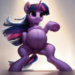 Size: 1024x1024 | Tagged: safe, ai content, derpibooru import, machine learning assisted, machine learning generated, twilight sparkle, pony, unicorn, g4, belly, big belly, bipedal, female, floor, frog (hoof), hoofbutt, horn, mare, prompter:jaguarcalamitydejv, round belly, solo, standing, underhoof