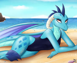 Size: 1696x1400 | Tagged: safe, artist:bmonedula, derpibooru import, princess ember, anthro, dragon, g4, beach, belly, belly button, clothes, dragoness, female, lying down, ocean, one-piece swimsuit, sand, solo, swimsuit, water