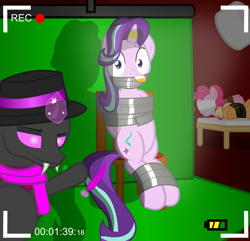 Size: 2800x2700 | Tagged: safe, artist:cardshark777, derpibooru import, applejack, pinkie pie, starlight glimmer, oc, oc:card shark, changeling, earth pony, pony, unicorn, g4, battery, bed, belt, blindfold, bondage, bound and gagged, camera shot, chair, changeling oc, clothes, digital art, feather, fedora, female, gag, glowing, glowing horn, green screen, hat, helpless, hooves, hooves behind back, horn, horn ring, imminent tickles, inhibitor ring, jewelry, lamp, levitation, lidded eyes, looking at you, lying down, magic, magic aura, magic suppression, male, mare, pink changeling, pink eyes, recording studio, ring, sitting, smiling, sock gag, socks, stage light, tape, tape bondage, tape gag, telekinesis, tied to chair, tied up, timer, two toned mane