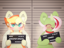 Size: 4096x3072 | Tagged: safe, artist:sodapop sprays, derpibooru import, oc, oc only, oc:sodapop sprays, oc:vonda, oc:vondsketch, pegasus, pony, semi-anthro, unicorn, barbie mugshot meme, blushing, chest fluff, clothes, crying, duo, ear fluff, ears, eye clipping through hair, guilty, horn, jail, looking at you, manehattan, meme, mugshot, one eye closed, solo, this will not end well, wink, winking at you