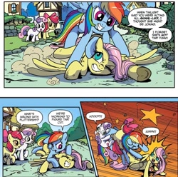 Size: 1966x1952 | Tagged: safe, artist:pencils, derpibooru import, idw, apple bloom, fluttershy, rainbow dash, sweetie belle, earth pony, pegasus, pony, unicorn, g4, spoiler:comic, spoiler:comic73, abuse, applebuse, comic, dashabuse, eyes closed, faic, female, fight, flutterbuse, gritted teeth, horn, kicking, official comic, one eye closed, ponyville, sidekick, sweetiebuse, tackle, teeth, tongue, tongue out