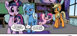 Size: 2034x948 | Tagged: safe, artist:pencils, derpibooru import, idw, applejack, pinkie pie, trixie, twilight sparkle, twilight sparkle (alicorn), alicorn, earth pony, pony, unicorn, g4, spoiler:comic, spoiler:comic73, book, bookshelf, horn, official comic, trixie is not amused, unamused, window