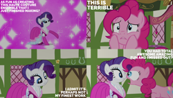 Size: 2000x1125 | Tagged: safe, derpibooru import, edit, edited screencap, editor:quoterific, screencap, pinkie pie, rarity, earth pony, pony, unicorn, g4, season 3, too many pinkie pies, clothes, dress, duo, duo female, female, horn, mare