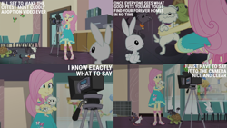 Size: 2000x1125 | Tagged: safe, derpibooru import, edit, edited screencap, editor:quoterific, screencap, angel bunny, fluttershy, bird, cat, dog, mouse, rabbit, tortoise, better together, equestria girls, g4, outtakes (episode), animal, camera, duo